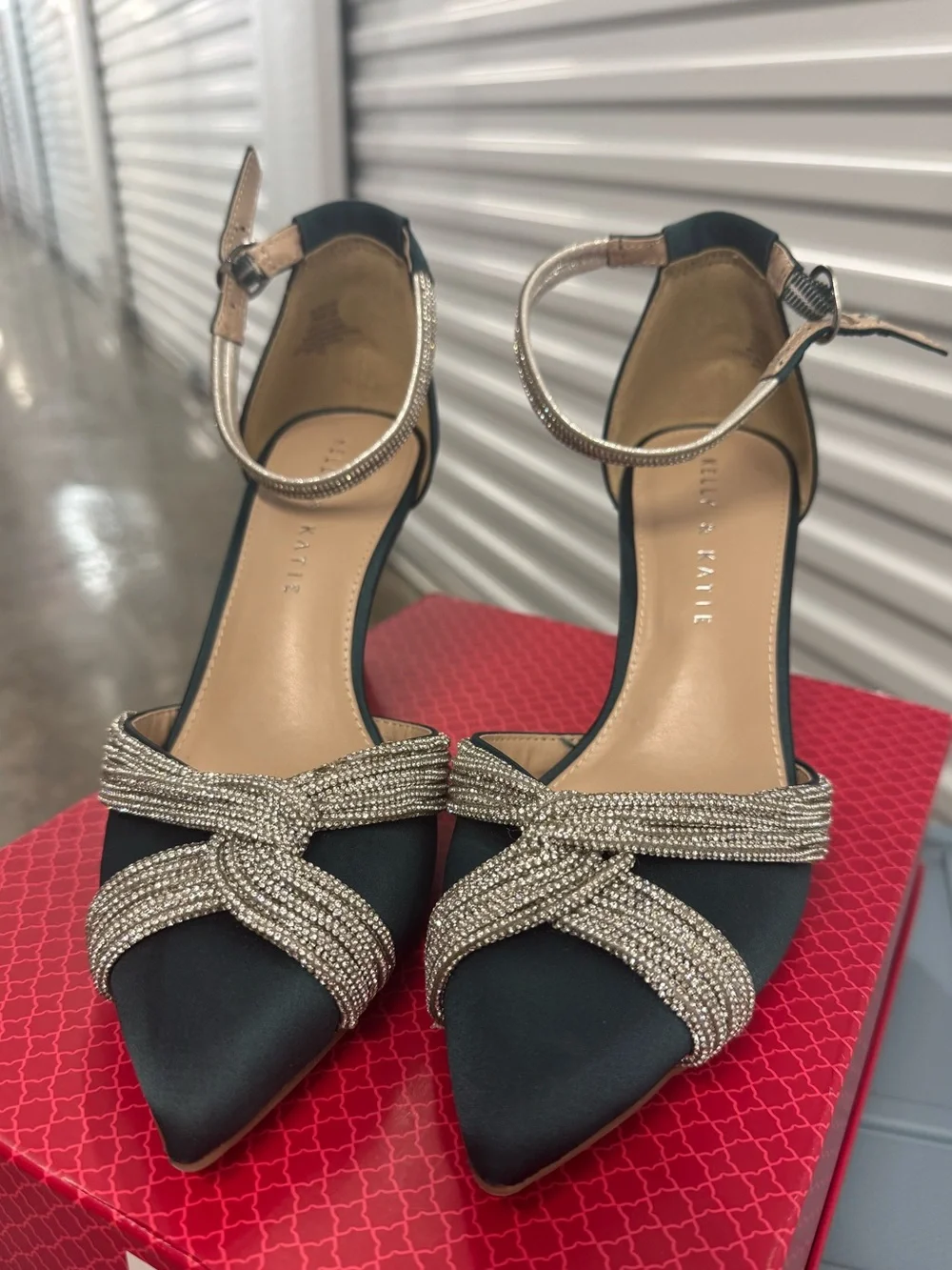 Like New Kelly & Katie Green/Blue satin heels with silver rhinestone bow detail